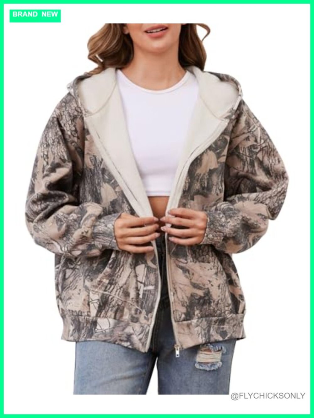 Oversized Camo Zip Up Hoodie Fleece Long Sleeve Maple Leaf Print with Pockets